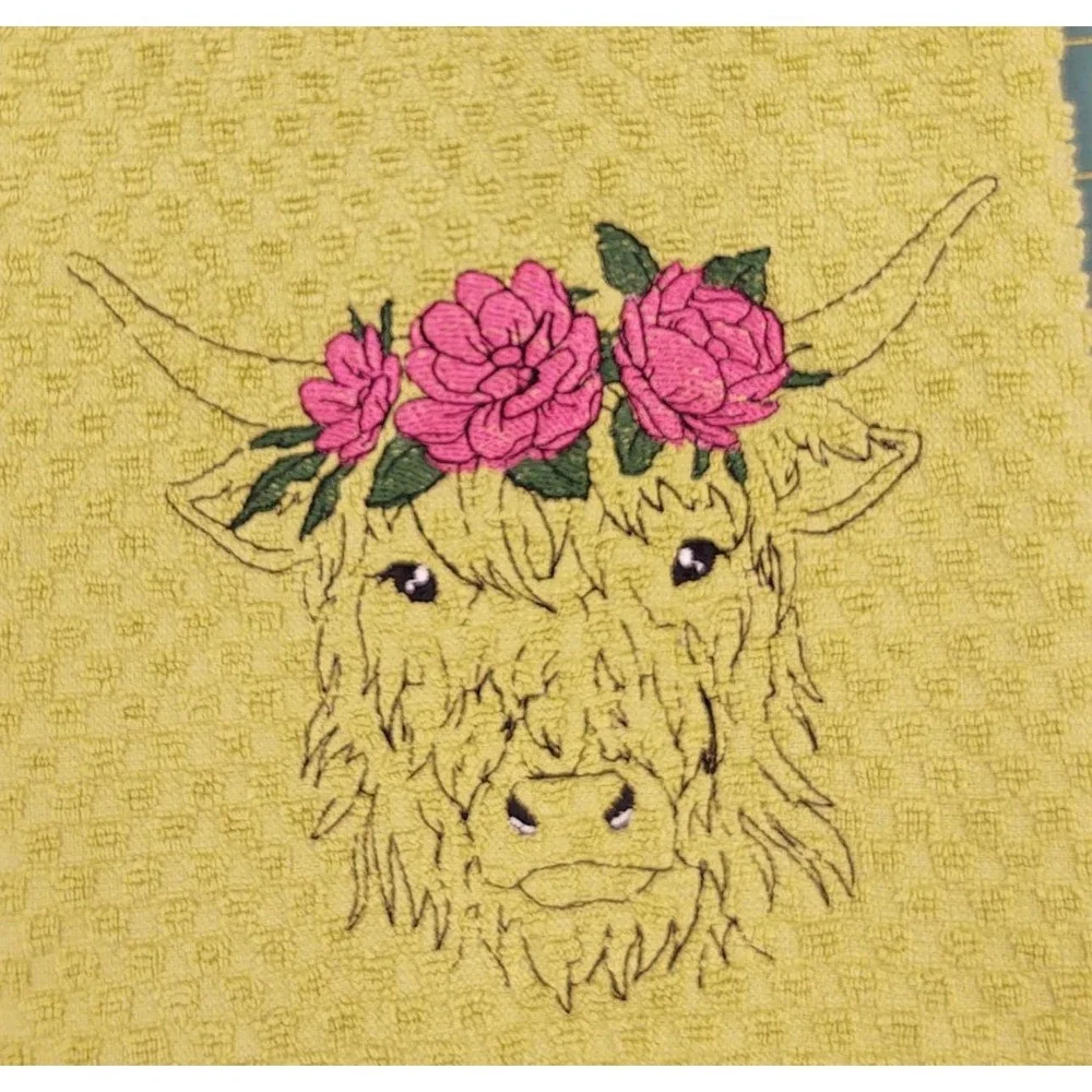 HIGHLAND COW With Three Rose Headband Kitchen Bath Hand Bar Towel Great Gift!